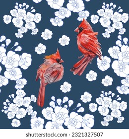 Patrón sin foco. Aves cardinales y flor. Imprimir para tarjeta de felicitación, papel de pared, tela, papel de envoltura, banner. Ilustración vectorial en un estilo de acuarela.
