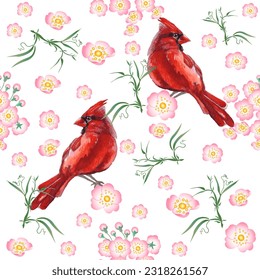 Seamless pattern. Cardinal birds and flowers watercolor illustration. Print for greeting card, wallpaper, fabric, wrapping paper, banner. Vector illustration in a watercolor style.
