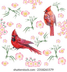 Seamless pattern. Cardinal birds and flowers watercolor illustration. Print for greeting card, wallpaper, fabric, wrapping paper, banner. Vector illustration in a watercolor style.
