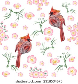Patrón sin foco. Aves cardinales y flores ilustran la acuarela. Imprimir para tarjeta de felicitación, papel de pared, tela, papel de envoltura, banner. Ilustración vectorial en un estilo de acuarela.
