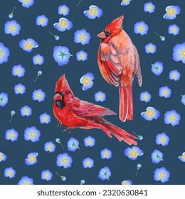 Seamless pattern. Cardinal birds and Orchid flower watercolor illustration. Print for greeting card, wallpaper, fabric, wrapping paper, banner. Vector illustration in a watercolor style.

