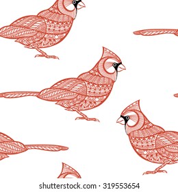 Seamless pattern with cardinals. Doodle hand drawn background.