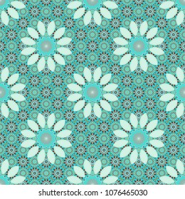 Seamless pattern for cards, prints, textile, fabric, books covers or wrapping paper. Flower mandala vector colorful background foin brown, blue and neutral colors.