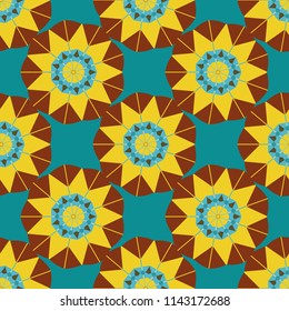 Seamless pattern for cards, prints, textile, fabric, books covers or wrapping paper. Flower mandala vector colorful background foin brown, yellow and blue colors.