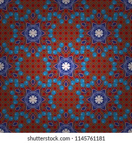 Seamless pattern for cards, prints, textile, fabric, books covers or wrapping paper. Flower mandala vector colorful background foin pink, brown and blue colors.