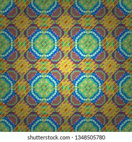 Seamless pattern for cards, prints, textile, fabric, books covers or wrapping paper. Flower mandala vector colorful background foin green, yellow and orange colors.