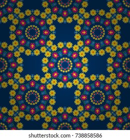Seamless pattern for cards, prints, textile, fabric, books covers or wrapping paper. Flower mandala vector colorful background foin magenta, blue and yellow colors.