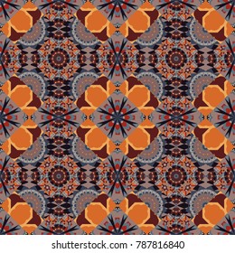 Seamless pattern for cards, prints, textile, fabric, books covers or wrapping paper. Flower mandala vector colorful background foin orange, pink and gray colors.