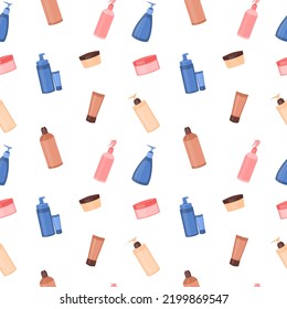 Patrón sin problemas con cosméticos de cuidado. Botellas de máscara, champú, bálsamo, crema, espuma. Concepto de herramientas belleza y cuidado de la piel, ecocosméticos, limpiador. Ilustración plana del vector