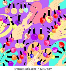 seamless pattern of care products and nail decoration on purple background vector illustration