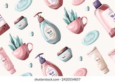 
Seamless pattern care products soap. Pattern for background and wallpaper packaging. Vector