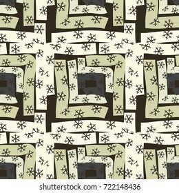 Seamless pattern. Careless checkered pattern with snowflakes.