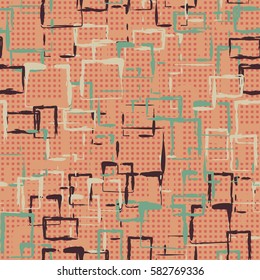 Seamless pattern. Careless drawing brush. Chaotic located rectangles. Colorful clutter. Children's camouflage. Flat. Cartoon. Grunge cloth.
