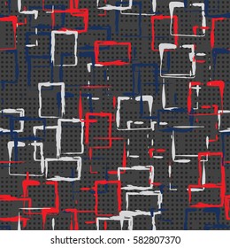 Seamless pattern. Careless drawing brush. Chaotic located rectangles. Colorful clutter. Children's camouflage. Flat. Cartoon. Grunge cloth.