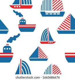 Seamless pattern with cargo ships, sail boats and yachts. Classic blue, red and white background. Simple flat illustration. Cartoon style. For postcards, scrapbooking, textile and wrapping paper