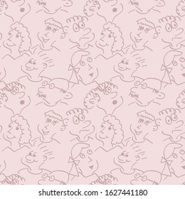 Seamless pattern with caricature faces of people in different emotions. Contour lines. Beige tones. Vector eps 10.