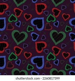 Seamless pattern of carmine, hunter green, violet blue color heart shape with black color arrow on dark purple background. valentine day theme, Textile design, gift paper, greeting card, wallpaper.