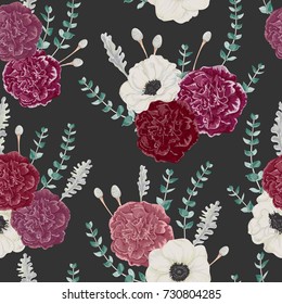 Seamless pattern with carnation and anemone flowers, eucalyptus, dusty miller and silver brunia. Vintage winter floral background. Vector illustration in watercolor style