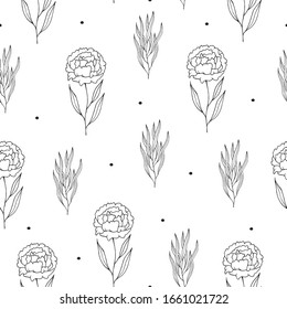 Patrón transparente con flor de clavel. Textura botánica para tarjetas de boda. Vector aislado de fondo floral de muelle para textiles.
