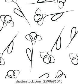 seamless pattern with carnation flower icons from stems in line art style drawn with original outline arranged randomly, for logos, designs or ornaments