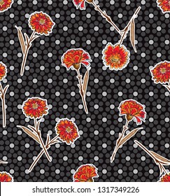 Seamless pattern carnation flower on modern polaka dots background in vector design for fashion ,fabric,wallpaper,web and all prints on black background color