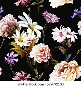 Seamless pattern of carnation flowers with chamomile (camomile), leaves, cornflowers and peony on black.  Vintage style. Vector stock