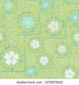 Seamless pattern. Carnation flowers drawn on square cards are randomly located on the background of small multicolored round spots. The colors of spring. Editable.