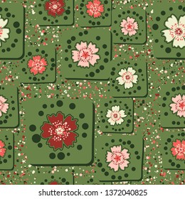 Seamless pattern. Carnation flowers drawn on square cards are randomly located on the background of small multicolored round spots. The colors of spring. Editable.
