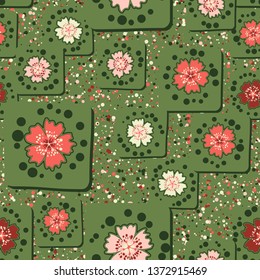 Seamless pattern. Carnation flowers drawn on square cards are randomly located on the background of small multicolored round spots. The colors of spring. Editable.