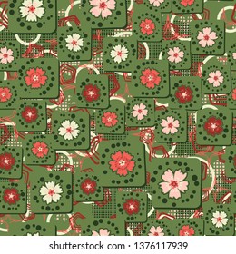 Seamless pattern. Carnation flowers drawn on square cards are randomly located on the background of a texture consisting of pentagons, stars, checkered circles & blots. The colors of spring. Editable.