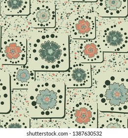 Seamless pattern. Carnation flowers drawn on square cards are randomly located on the background of small multicolored round spots. The colors of spring. Editable.