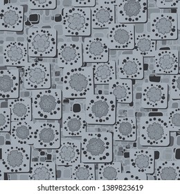 Seamless pattern. Carnation flowers drawn on square cards are randomly arranged on a background of a texture consisting of rounded quadrangles. The colors of winter. Editable.