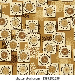 Seamless pattern. The carnation flowers drawn on the square cards are chaotically arranged against the background of a multicolored composition of pillow-shaped elements. Golden colors. Editable.