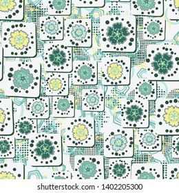 Seamless pattern. Carnation flowers drawn on square cards are randomly located on the background of a texture consisting of pentagons, stars, checkered circles & blots. The colors of spring. Editable.