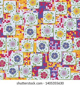 Seamless pattern. Carnation flowers drawn on square cards are randomly located on the background of color pixel camouflage. Summer colors. Editable.