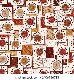 Seamless pattern. Carnation flowers drawn on square cards are randomly arranged on a background of a texture consisting of shaded squares. Autumn colors. Editable.