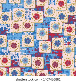 Seamless pattern. Carnation flowers drawn on square cards are randomly located on the background of color pixel camouflage. Summer colors. Editable.