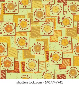 Seamless pattern. Carnation flowers drawn on square cards are randomly arranged on a background of a texture consisting of shaded squares. Autumn colors. Editable.