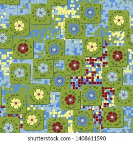 Seamless pattern. Carnation flowers drawn on square cards are randomly located on the background of color pixel camouflage. Summer colors. Editable.