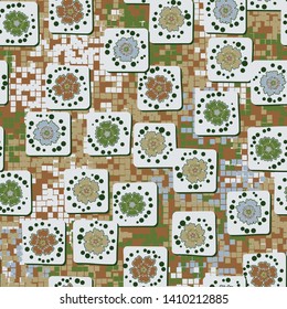 Seamless pattern. Carnation flowers drawn on square cards are randomly located on the background of color pixel camouflage. Summer colors. Editable.