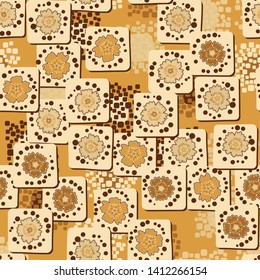 Seamless pattern. The carnation flowers drawn on the square cards are chaotically arranged against the background of a multicolored composition of pillow-shaped elements. Golden colors. Editable.