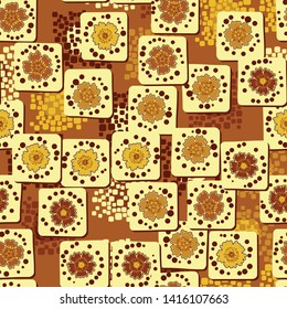 Seamless pattern. The carnation flowers drawn on the square cards are chaotically arranged against the background of a multicolored composition of pillow-shaped elements. Golden colors. Editable.