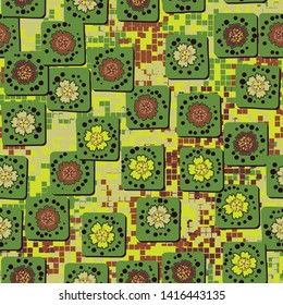 Seamless pattern. Carnation flowers drawn on square cards are randomly located on the background of color pixel camouflage. Summer colors. Editable.