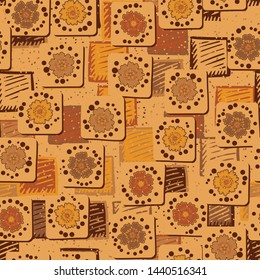 Seamless pattern. Carnation flowers drawn on square cards are randomly arranged on a background of a texture consisting of shaded squares. Autumn colors. Editable.