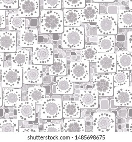 Seamless pattern. Carnation flowers drawn on square cards are randomly arranged on a background of a texture consisting of rounded quadrangles. The colors of winter. Editable.