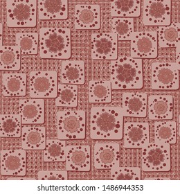 Seamless pattern. Carnation flowers drawn on square cards are randomly arranged on a background of a texture consisting of wavy lines, circles and stars. Marble colors. Editable.