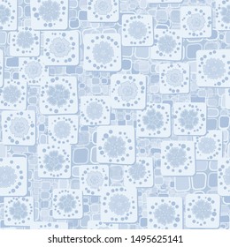 Seamless pattern. Carnation flowers drawn on square cards are randomly arranged on a background of a texture consisting of rounded quadrangles. The colors of winter. Editable.