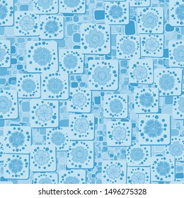 Seamless pattern. Carnation flowers drawn on square cards are randomly arranged on a background of a texture consisting of rounded quadrangles. The colors of winter. Editable.