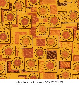Seamless pattern. Carnation flowers drawn on square cards are randomly arranged on a background of a texture consisting of shaded squares. Autumn colors. Editable.