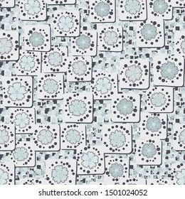 Seamless pattern. Carnation flowers drawn on square cards are randomly arranged on a background of texture consisting of small circles, squares and stars. Vacation colors. Editable.
